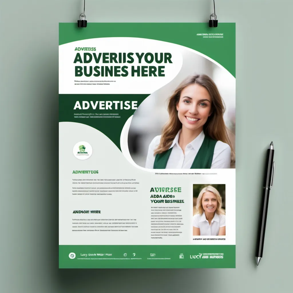 Prompt: Create a green and white flyer that says,Advertise your Business here on it's side. And Write Lucy Ads on it 