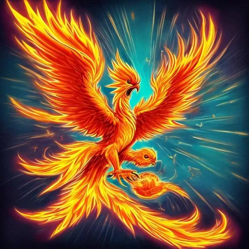 Prompt: Create an image for a t shirt print which should be if a colourful phoenix burning and taking birth again in the background. This image should look 3d not animated 
