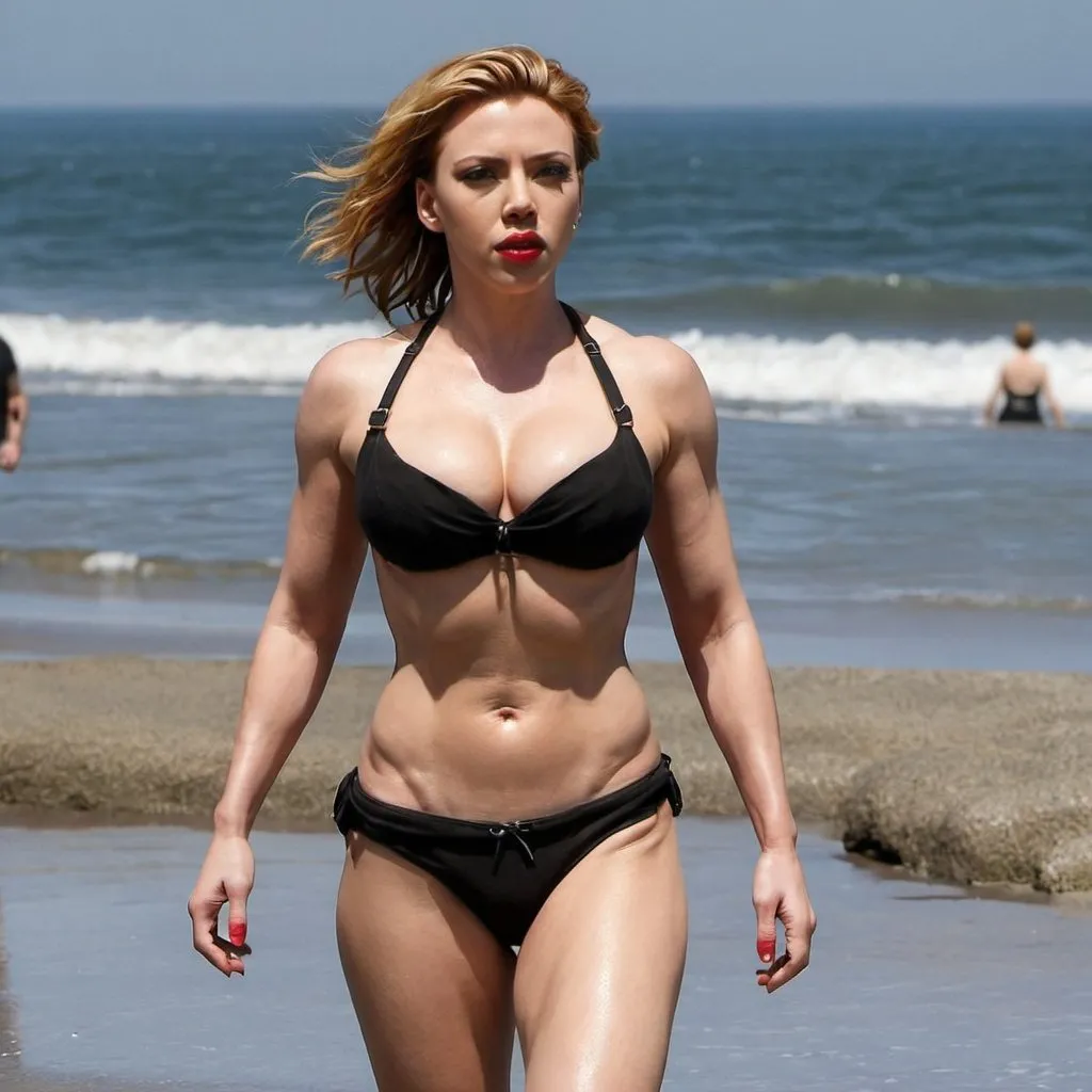 Prompt: Very Muscular Scarlett Johanson on a beach