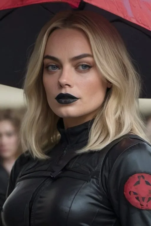 Prompt: Very Muscular Margot Robbie AS A Umbrella corporation agent with black lipstick
