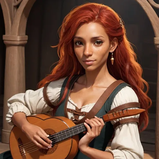 Prompt: A female human bard with red hair brown eyes and tan skin holding a lute