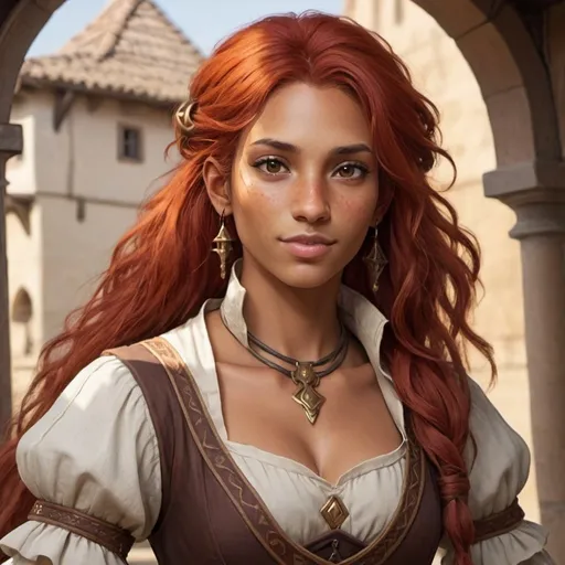 Prompt: A female human bard with red hair brown eyes and tan skin