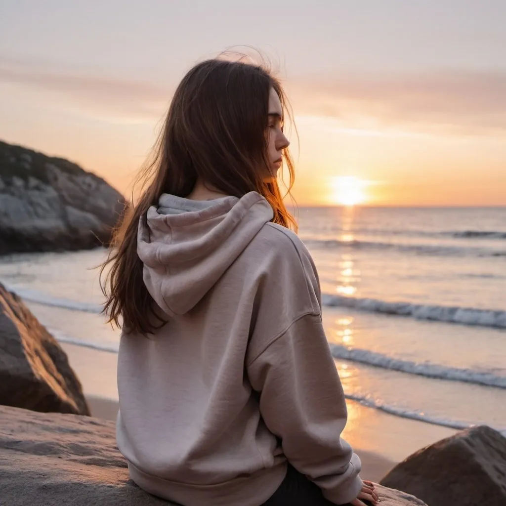 Prompt: sad girl wearing a hoodie watching the sunset on the beach, setting on the rocks and has mid-long brown soft hair thats flying with the air