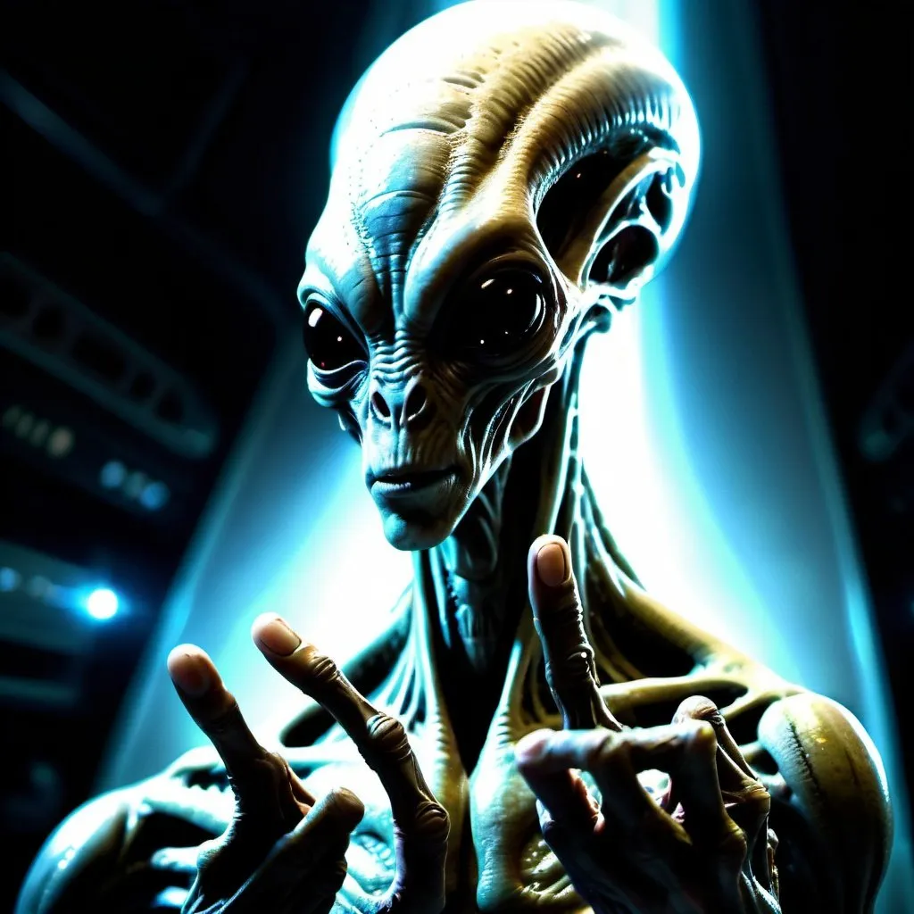 Prompt: Very tall alien with a hand featuring 3 fingers, alien material, futuristic sci-fi setting, intense and mysterious gaze, detailed extraterrestrial features, highres, ultra-detailed, sci-fi, alien creature, futuristic, intense gaze, mysterious, alien material, atmospheric lighting, futuristic setting, three-fingered hand, otherworldly