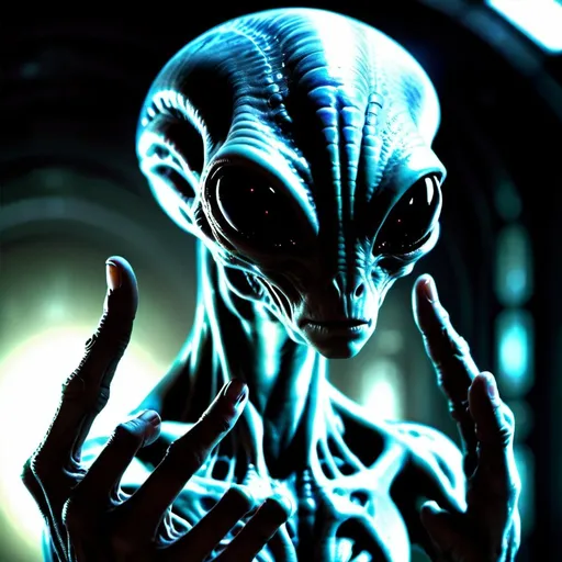 Prompt: Very tall alien with a hand featuring 3 fingers, alien material, futuristic sci-fi setting, intense and mysterious gaze, detailed extraterrestrial features, highres, ultra-detailed, sci-fi, alien creature, futuristic, intense gaze, mysterious, alien material, atmospheric lighting, futuristic setting, three-fingered hand, otherworldly