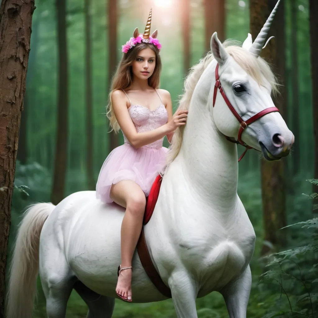 Prompt: Beautiful girl on unicorn in forest 