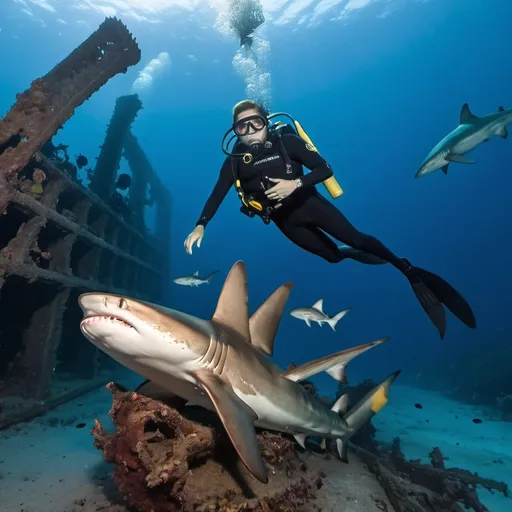 Prompt: Scuba diver with marmaid on wreck, sharks around 