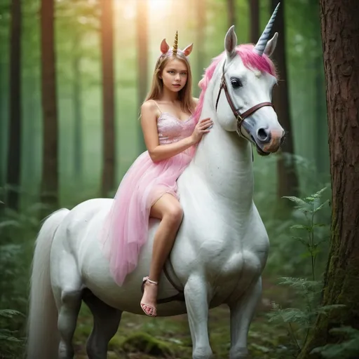 Prompt: Beautiful girl on unicorn in forest 