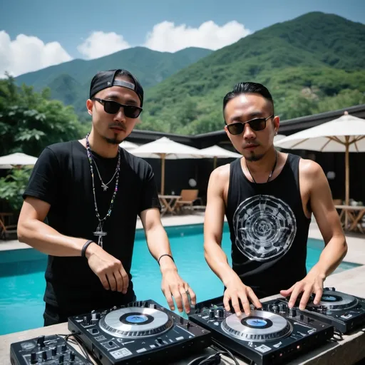 Prompt: Mountain techno rave club with Asian dj duo by the pool