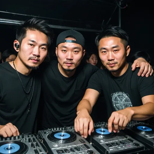 Prompt: Mountain techno rave club with two Asian djs