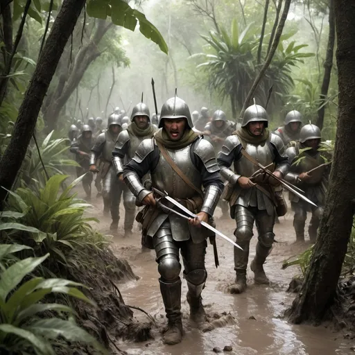 Prompt: Orellana and his spanish soldiers in metal armour and helmets carrying swords and crossbows hacking through dense jungle underbrush. The atmosphere is thick with humidity, the men's faces drawn with exhaustion. They struggle through mud, swarms of insects, and the ever-present threat of starvation
