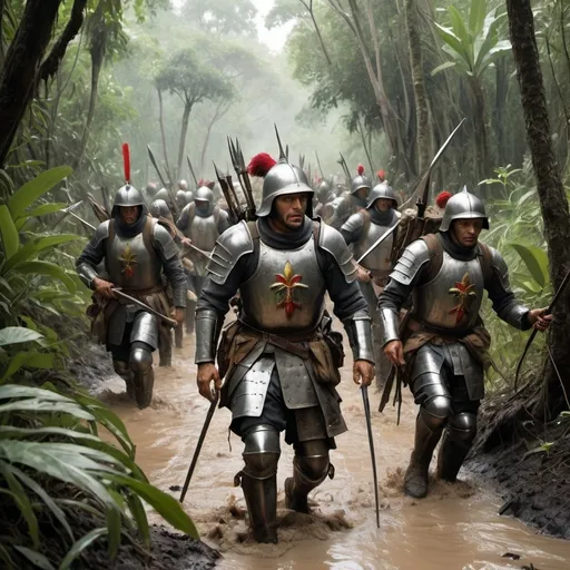 Prompt: Orellana and his spanish soldiers in metal armour and helmets carrying swords and crossbows hacking through dense jungle underbrush. The atmosphere is thick with humidity, the men's faces drawn with exhaustion. They struggle through mud, swarms of insects, and the ever-present threat of starvation
