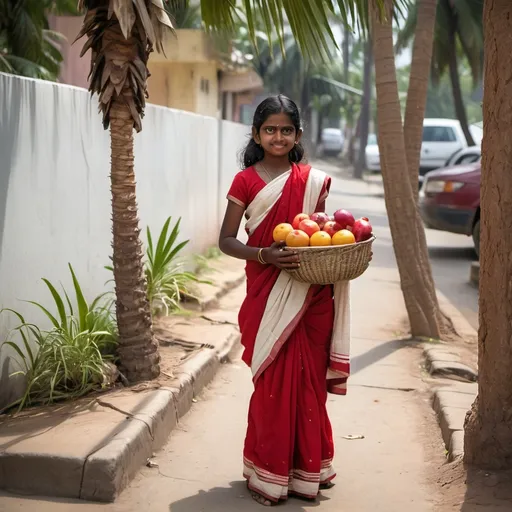 Prompt: a young girl in a red and white sari holding a basket of fruit on a sidewalk near a palm tree, Ella Guru, samikshavad, jayison devadas, a photocopy