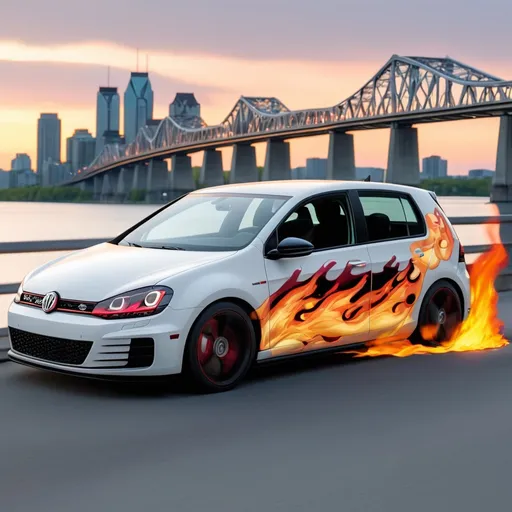 Prompt: Please draw side flaming effect golf gti4 on champlain bridge with skyline montreal, wih a male driver with black hair. 