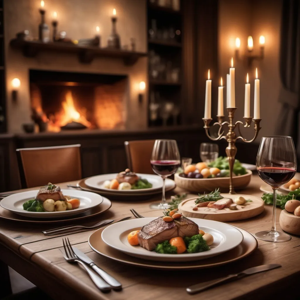 Prompt: I would like a professional image for a dinner background. The image should be warm, inviting, and reflect a cozy evening meal setting. It should showcase a balanced, elegant dinner with natural lighting and high-quality details, perfect for a food website