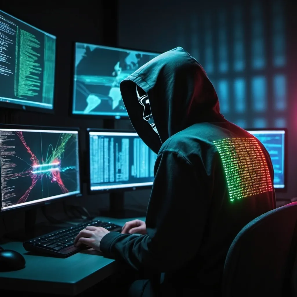 Prompt: Escena de un ataque de Hackers informáticos (caracterizados con antifaz) a un centro de datos muy tecnológico con luces led de colores  el ambiente es de media luz y el centro de datos es defendido por ingenieros caracterizados con traje y corbata