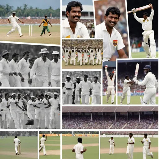 Prompt: A collage featuring iconic moments in Sri Lankan cricket history, including early black-and-white photographs, the 1996 World Cup victory, and modern-day matches, with a backdrop of the Sri Lankan flag.