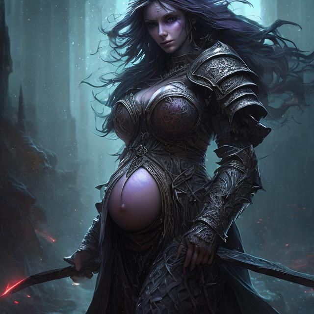 Prompt: Create a highly detailed AI defined image of a highly detailed beautifully stunning medieval fantasy female pregnant Mage character in a fictional Dark fantasy realm fighting shadow demons. Alluring robes and leather armor,

wide landscape lense, ISO 500, Aperture f/22, APS-C, Splash art, dark fantasy art, stunning bokeh, cinematic lighting and scale, super detailed, 64k, high quality perfect lighting, perfect shadows.
