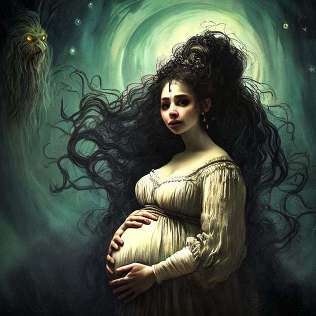 Prompt:  night of the witch, beautiful pregnant witch with magnificent witches hat flowing hair, vintage  scene background, romantic Rembrandt style 