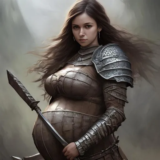Prompt: High-resolution hyper realistic painting of medieval fantasy corean pregnant girlfriend, highly detailed, short hair, skirt, fullbody, tight, uhd, hdr, 64k, epic scene, sharp edges, wearing armor, expressive amused lips. Clean. Intricate detailes. Posing with weapons 