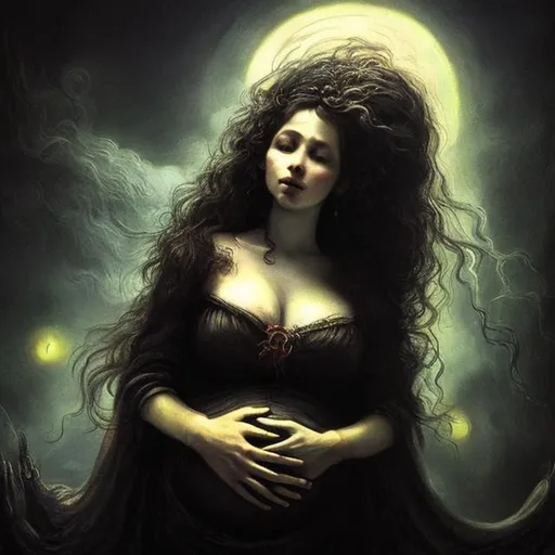 Prompt:  night of the witch, beautiful pregnant witch with magnificent witches hat flowing hair, vintage  scene background, romantic Rembrandt style 