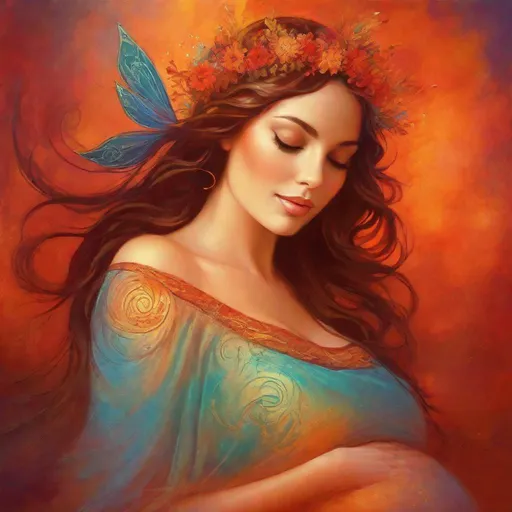 Prompt: pregnant fairy goddess, warm colors, fiery background, closeup
