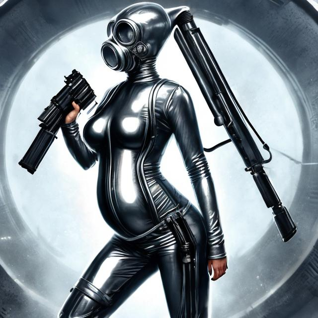Prompt: Pregnant Jennifer Lawrence is a futuristic female assassin wearing a gasmask, holding a futuristic silver pistol, wearing a shiny white rubber catsuit, wearing a chrome metallic corset, cinematic, action pose