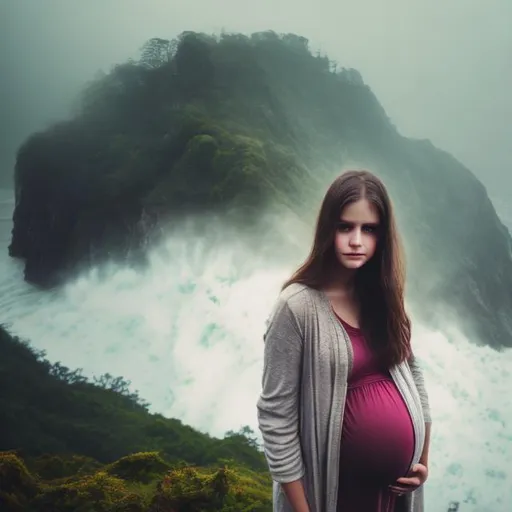 Prompt: Pregnant young adult on cliff front side raining ocean at bottom of cliff dark foggy forest background, mythical view of girls face with forest behind her 