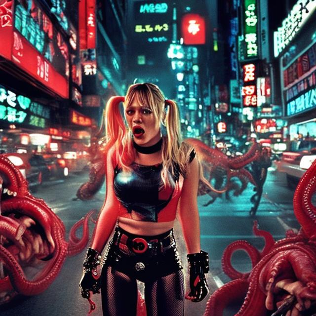 Prompt: A full color 2000s B-movie photograph from Monster, starring Hilary Duff in a Harley Quinn outfit, escaping from a giant octopus invading Tokyo, dramatic cinematic lighting, in the style of Monster, 2000s B movie. 2000s retrofuturism