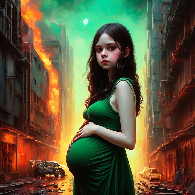 Prompt: portrait of a pregnant girl with black hair and green eyes, red dress, alley, fire, perfect composition, hyperrealistic, super detailed, 8k, high quality, trending art, trending on artstation, sharp focus, studio photo, intricate details, highly detailed, by wlop