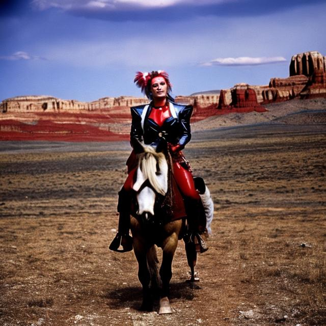 Prompt: A full color 1980s B-movie photograph from Quattro Carogne a Malopasso starring Hilary Duff in a Harley Quinn outfit, traveling on horseback, on prairies, dramatic cinematic lighting, in the style of Quattro Carogne a Malopasso, 1980s B movie. 1980s retrofuturism