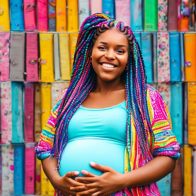 Prompt: a colourful pregnant woman with braids that holds a colourful diary and smiles 