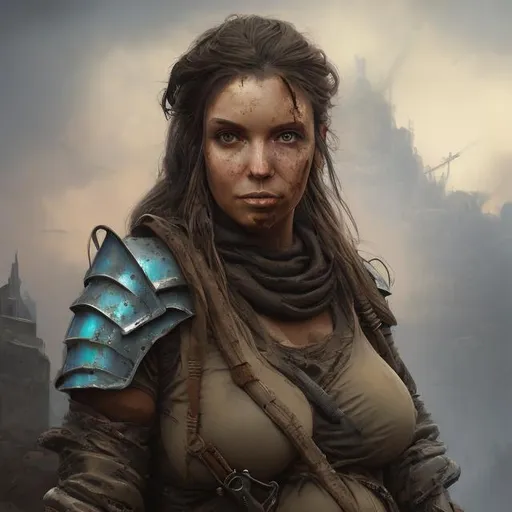 Prompt: airbrushed matte oil painting, masterpiece :1.4, best quality:1.0, post-apocalyptic, dirty face, pregnant female in cobbled together piecemeal armor, character portrait, in the style of Eric Belisle