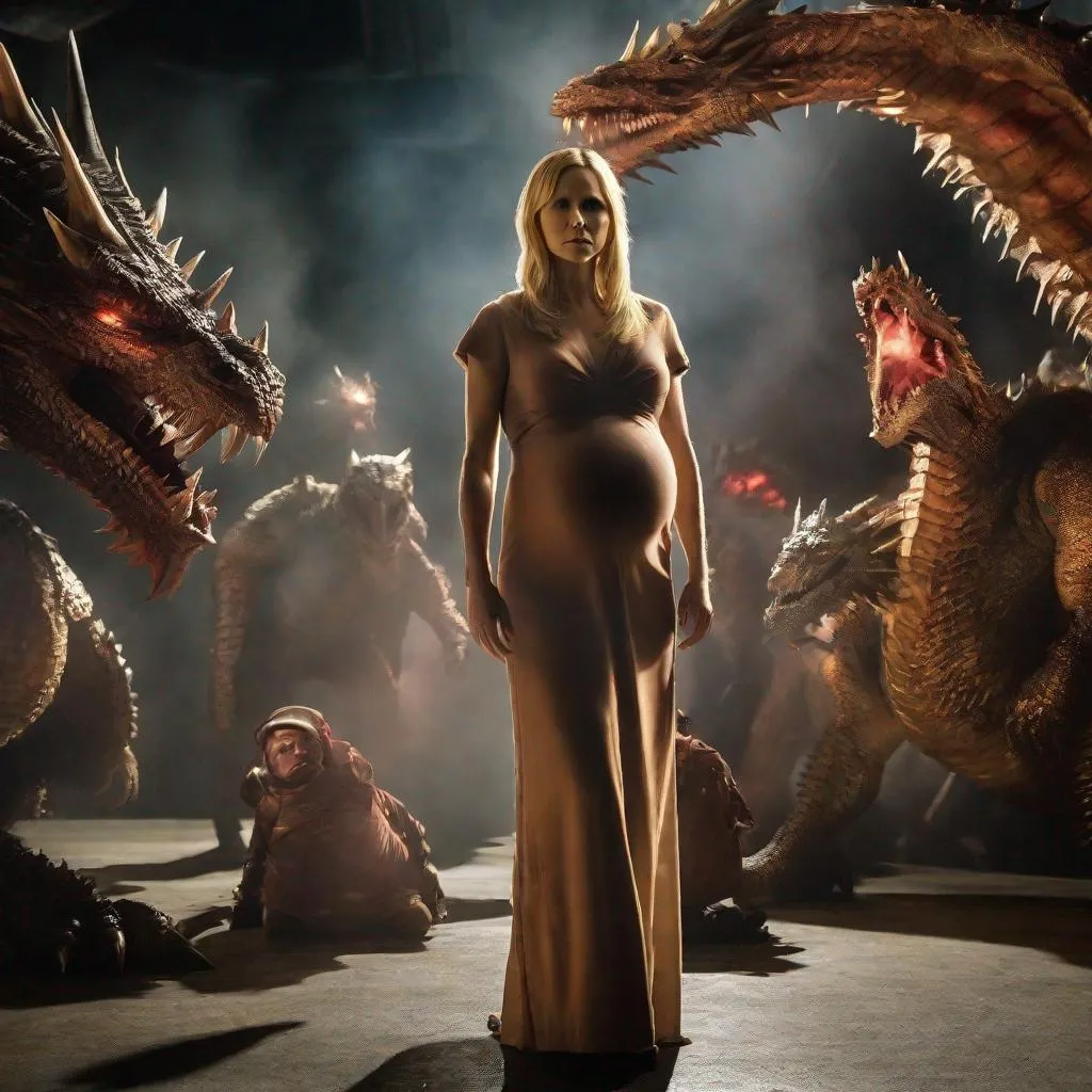 Prompt: A full color 2010s B-movie photograph from Dragon Crusaders starring a pregnant Kristen Bell,as a crusader, haunting dragons, dramatic cinematic lighting, in the style of Dragon Crusaders, 2010s B movie. 2010s retrofuturism