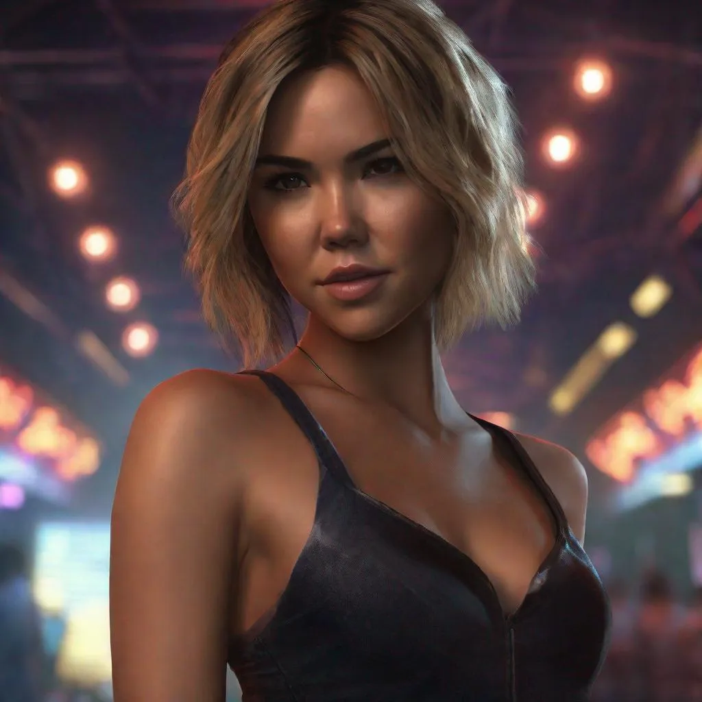 Prompt: digital painting, character portrait, young Arielle Kebbel, barely any clothing, muted sleazy night club background, half body, eerie, mysterious, dangerous, shifty, hyperdetailed, ultra-realistic, cinematic lighting, unreal engine 5, octane render, UHD, style of VtM,