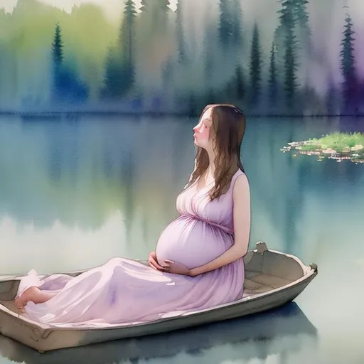 Prompt: The delicate strokes of a watercolor painting bring to life a serene morning scene where a beautiful pregnant girl, lost in serene contemplation, sits next to a placid lake, creating a tranquil ambiance that enchants all who gaze upon it.
