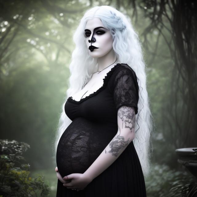 Prompt: Portrait of a pretty goth teenaged pregnant girl with white hair in a haunted garden