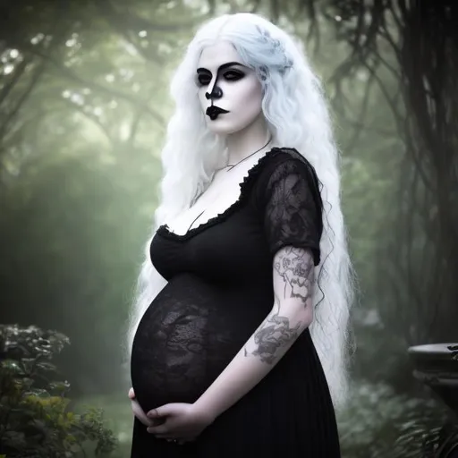 Prompt: Portrait of a pretty goth teenaged pregnant girl with white hair in a haunted garden