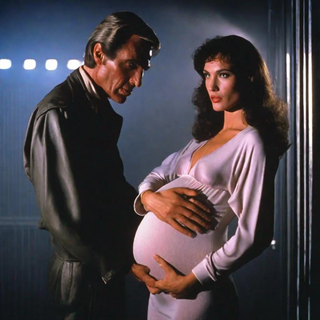Prompt: A full color 1980s B-movie photograph from Trancers starring a pregnant Gal Gadot, helping detective Jack Deth taking out Trancers, dramatic cinematic lighting, in the style of Trancers, 1980s B movie. 1980s retrofuturism