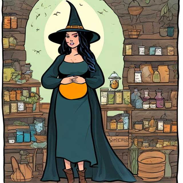 Prompt: comic book style: a pregnant witch in front of her herbal shop