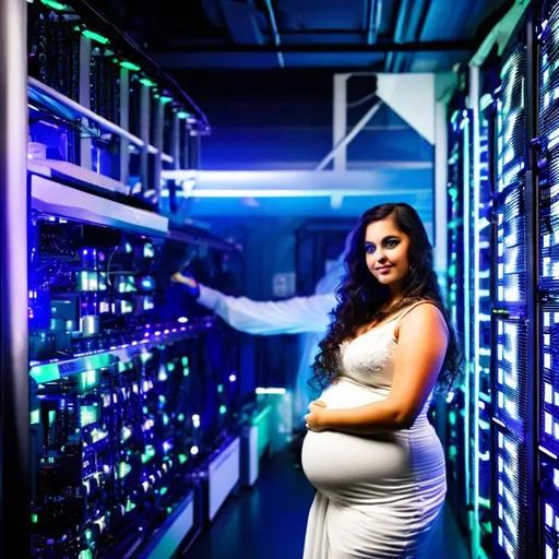 Prompt: dreamcore, futuristic, hot pregnant babe protecting data center server, holding a star in her hand, high detail