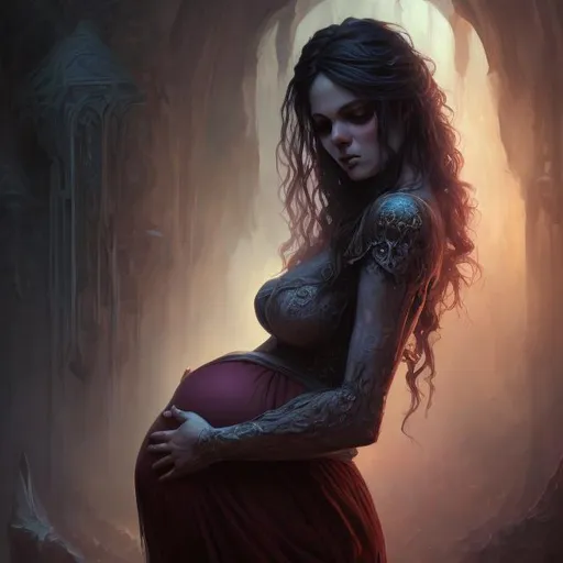 Prompt: fantasy art, oil painting, a pretty necromancer human pregnant woman, half body, melancholic, portrait, highest quality, masterpiece, professional, hyperdetailed, ultra-realistic, UHD, soft render, gothic, adventure 