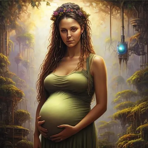 Prompt: airbrushed oil painting, masterpiece :1.4, best quality:1.0, solarpunk female pregnant gardner, character portrait, in the style of Eric Belisle