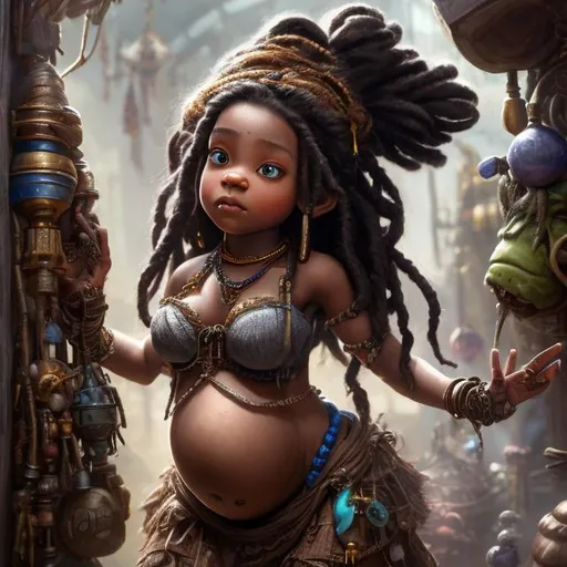 Prompt: Hyper realistic full body picture of a beautiful standing black pregnant minigirl gnome halfling with white dreads wrenching a mechanical spider in a large bustling magic toy shop, brown skin color,  stockings ,clothes indoors, background, high quality, trending art, trending on art station, sharp focus, studio photo, intricate details, highly detailed, UHD, HDR, 8K, dnd
