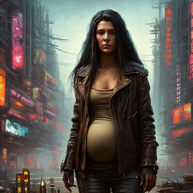 Prompt: airbrushed matte oil painting, masterpiece :1.4, best quality:1.0, cyberpunk, pregnant female street shaman wearing a brown leather jacket, character portrait, in the style of Eric Belisle