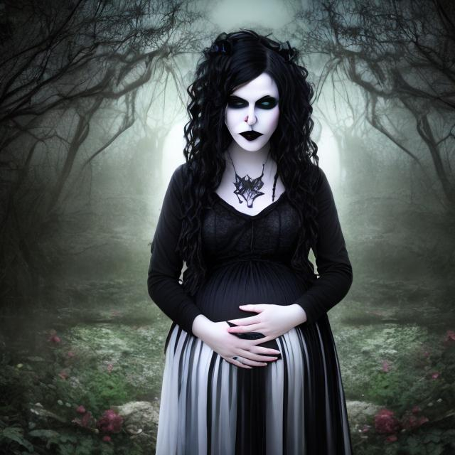 Prompt: Portrait of a pretty goth teenaged pregnant girl with white hair in a haunted garden