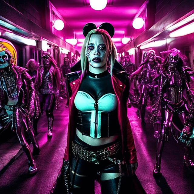 Prompt: A full color 2000s B-movie photograph from Skeletonman, starring a Hilary Duff in a Harley Quinn outfit, haunting a skeleton demon, dramatic cinematic lighting, in the style of Skeletonman, 2000s B movie. 2000s retrofuturism
