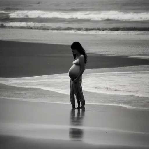 Prompt: alone pregnant girl and her mind at beach