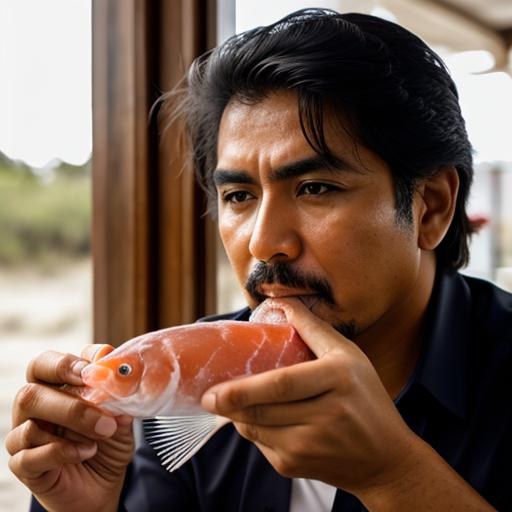 Prompt: Mexican man eating raw fish