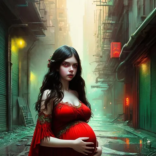 Prompt: portrait of a pregnant girl with black hair and green eyes, red dress, alley, fire, perfect composition, hyperrealistic, super detailed, 8k, high quality, trending art, trending on artstation, sharp focus, studio photo, intricate details, highly detailed, by wlop